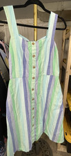 Talbots Dress 10 Green Purple Stripe 100% Cotton Fit Flare Sundress Pocket Midi