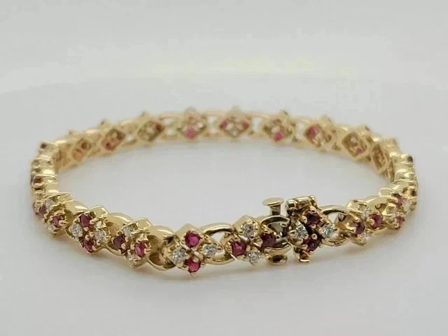 8Ct Round Lab-Created Red Ruby Women Tennis Bracelet 14k Yellow Gold Plated 7" - Image 2 of 4