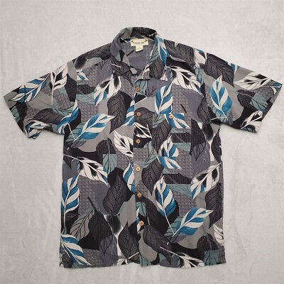Paradise Coves Shirt Mens Small Blue Gray Floral Hawaiian 100% Silk Casual