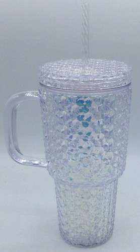 Holiday Time 30-Ounce Acrylic Iridescent Blue Double Wall Tumbler, Cup w Straw