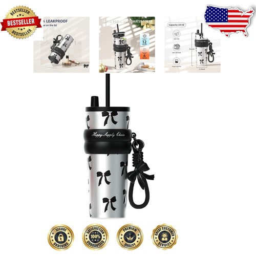 Portable 24 OZ Vacuum Insulated Water Bottle with Straw and Bow Tie Pattern