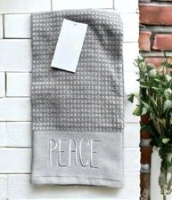 WENDY BELLISSIMO KITCHEN TOWELS GRAY w/ Embroidered "PEACE" 100% COTTON  2 Pack
