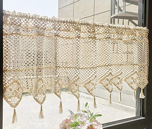 Crochet Window Valance 18"x60" Macrame Kitchen Curtain Valance with Tassels Rod - Picture 1 of 7