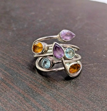 Natural Amethyst Gemstone Citrine Blue Topaz Wrap Ring Sterling Silver Jewelry