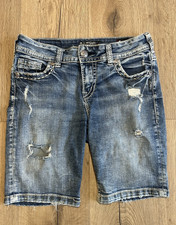 Silver Suki Mid Bermuda Jean Shorts Size 28  Super Stretch Distressed