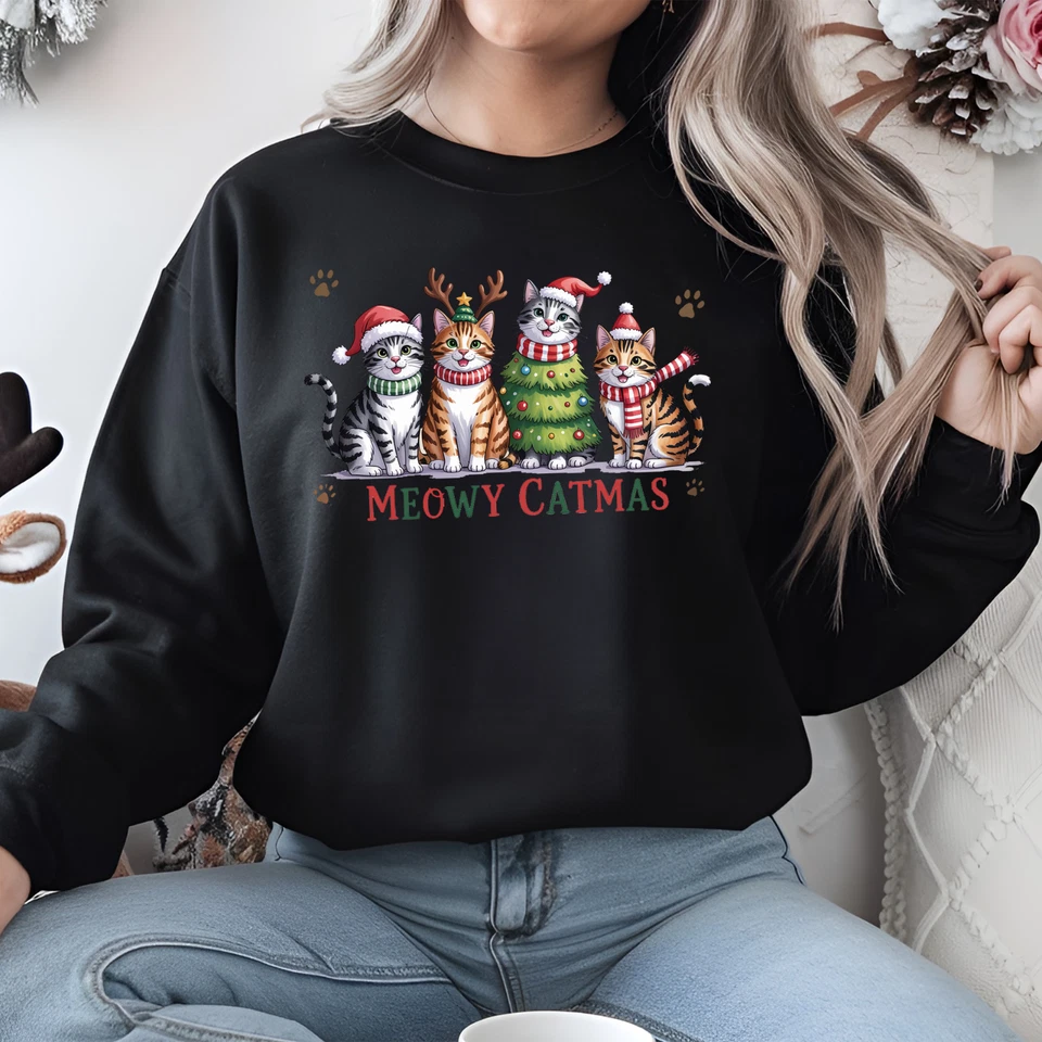 Meowy Catmas Sweatshirt – Funny Christmas Cats Holiday Pullover - Image 2 of 4