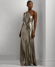 NWT 295 Lauren Ralph Lauren One-Shoulder Metallic Chiffon Gown in Pewter 8