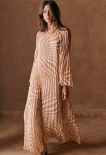 Sezane Maxi Dress Cream Striped 44 Juliette Chiffon Accordion Pleated Zebra
