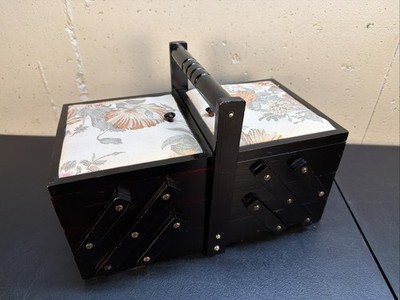 Wooden Accordian Style Sewing Box Expandable 2 Layer Handle Tapestry w/notions