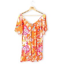Ladies Orange Flower Print Short Sleeved Summer Stretch Dress Size XL, 18-20