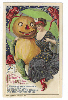Winsch Halloween Postcard "A Halloween Wish.." Lady with arm around JOL