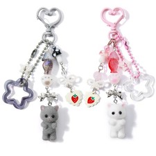 ChunlongFour Cute Plush Cat Keychain Aesthetic Small, 2pcs Grey Pink Sets