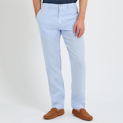120% LINO baby blue casual low rise pants size 46 32 X 32 New! 100% Linen Slim