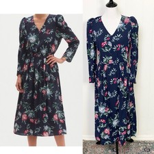 Banana Republic Navy Blue Puff Sleeve Floral Midi Fit & Flare Dress V-Neck Sz S
