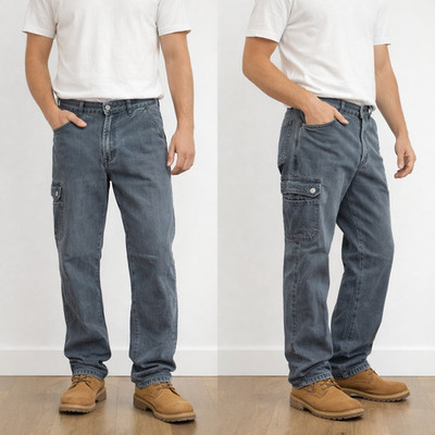 VTG 90s Bugle Boy Mens Gray Carpenter Cargo Jeans Sz 32M Straight Workwear Denim