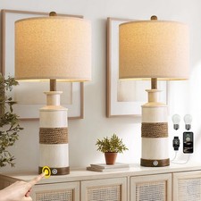 BOBOMOMO 24.5" Farmhouse Boho Table Lamps Set of 2, Hand-Woven Ratt... Fast Ship