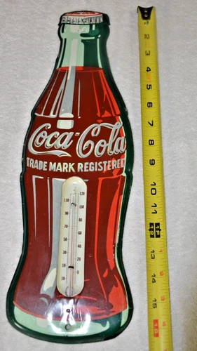 VTG Original 1950s Coca Cola Bottle Working Thermometer Metal 17" Tin Sign Nice!