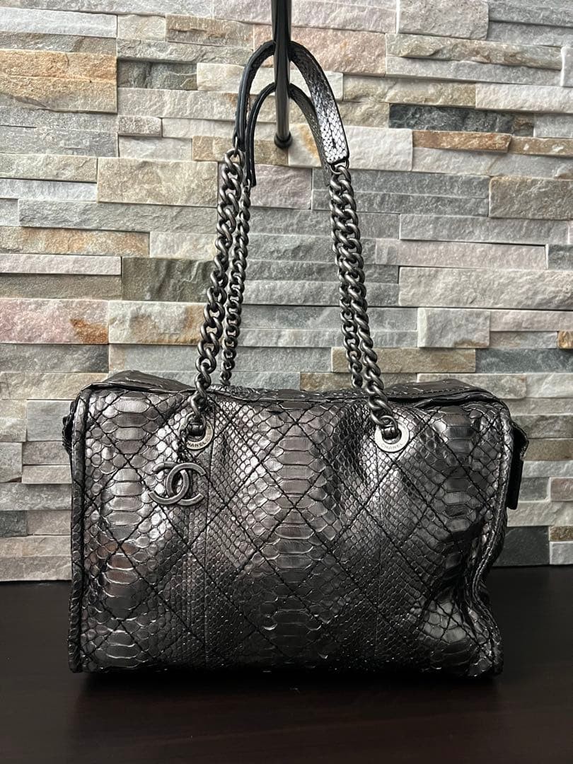 CHANEL Python Chain Boston Bag Silver Hardware La… - image 1