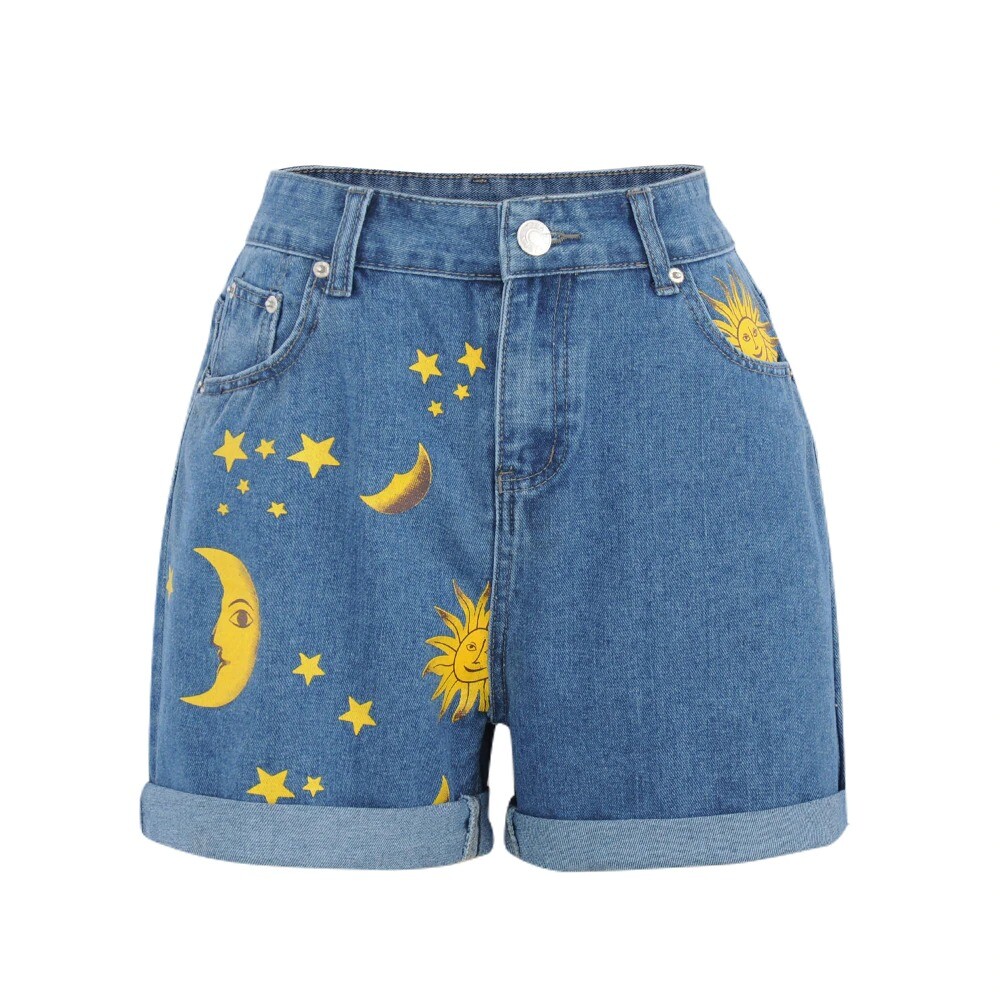 Sun Moon Stars Denim Shorts Summer High Waist Loose Folded