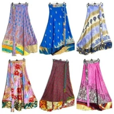 Wholesale Lot Vintage Reversible Silk Long Sari Recycled Magic Wrap Around Skirt