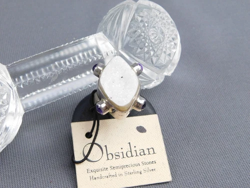 Sz 9 Sterling Silver & Druzy Stone Ring Signed Designer Obsidian Brand 15.9 G