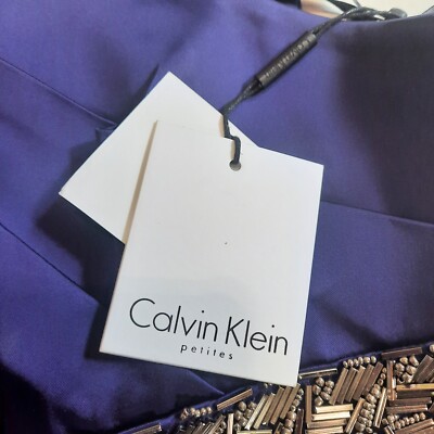 calvin klein purple leather dress Calvin Klein Dress Sz 6 Sheath Blue/Purple Faux Leather Trim Slit Bell Sleeve