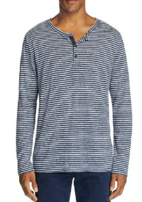 T-shirt Henley rayé bleu et blanc pour homme - Manches longues - Boutonnière - Avec poches de poitrine - Polo surdimensionné