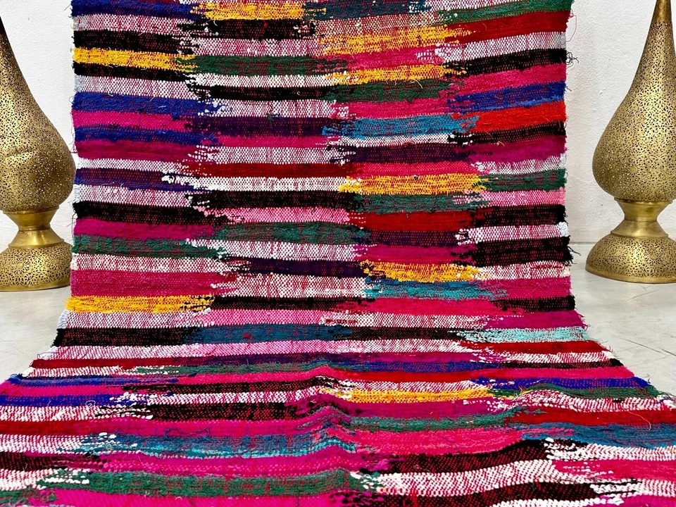 Vintage Moroccan handmade 3'4"x7'3"Berber Red Colorful Boucharouit Runner - Image 3 of 4