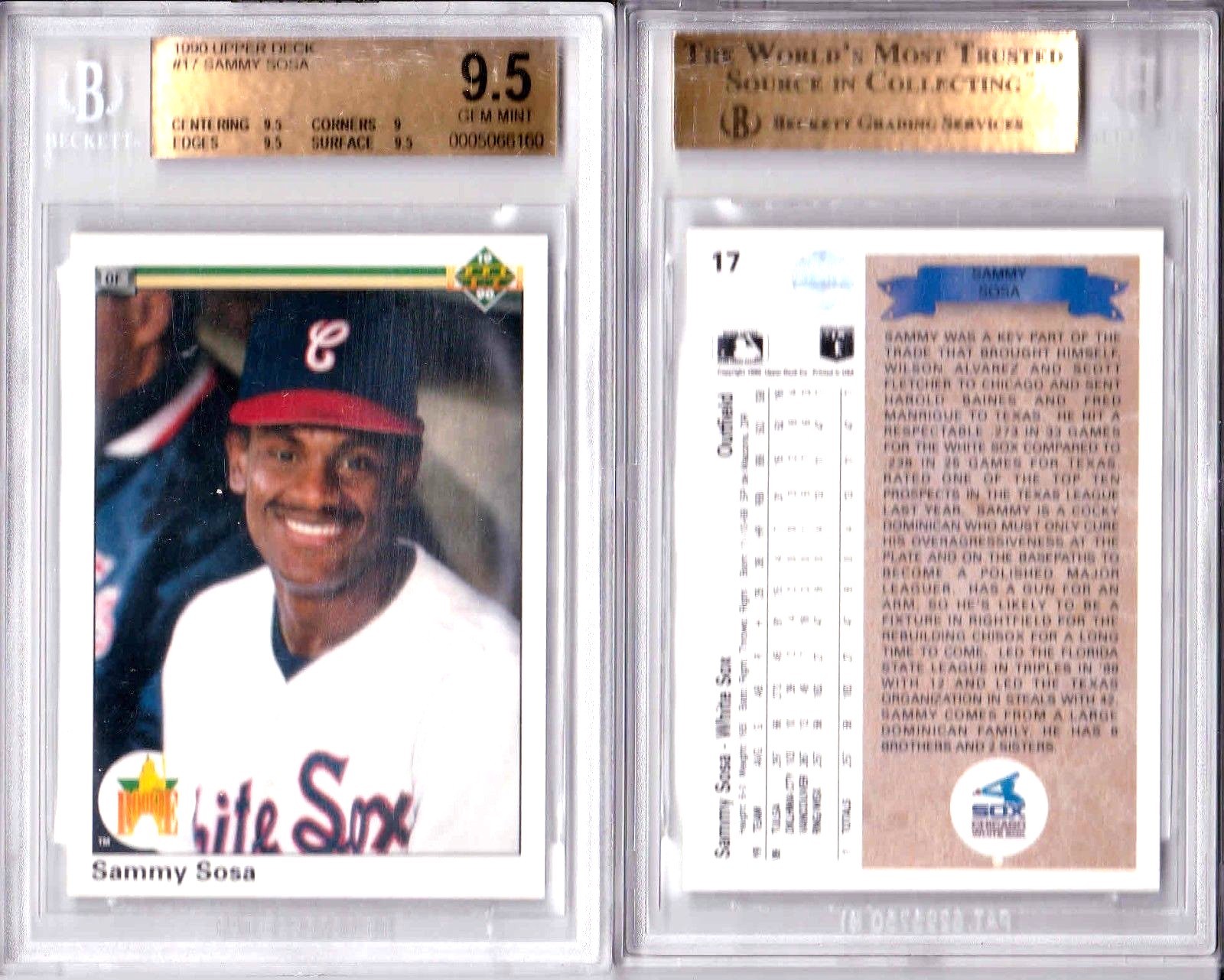 SAMMY SOSA RC 1990 UPPER DECK CARD#17 GRADED GEM MINT BGS9.5-WHITE SOX OF  RC-V2 | eBay