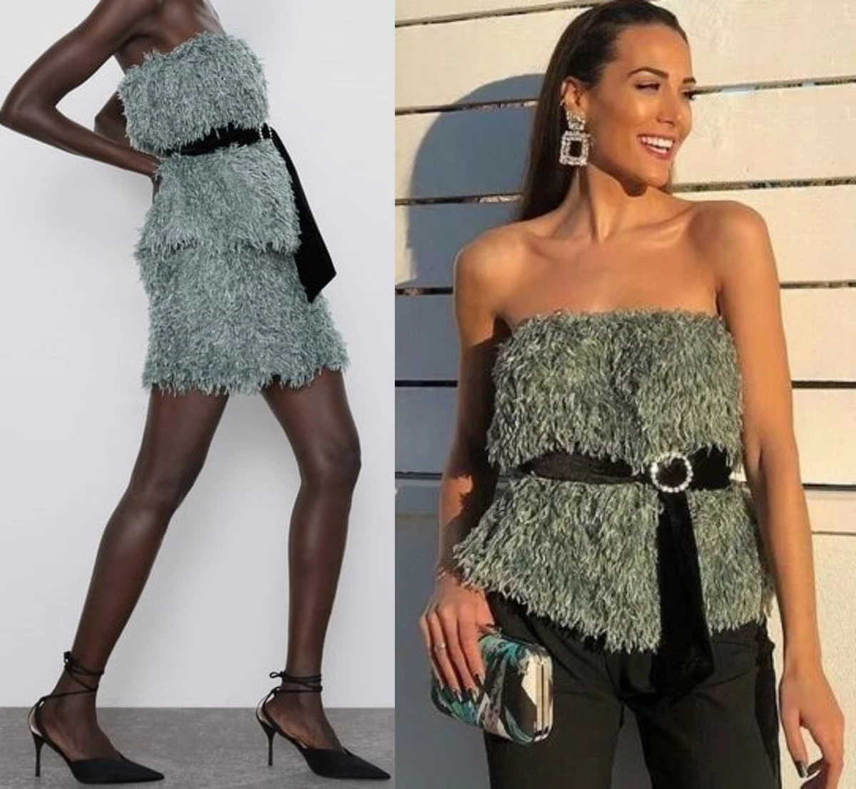 Zara Sea Green Feather Bandeau Top Skirt Co Ord Set Size S M 8