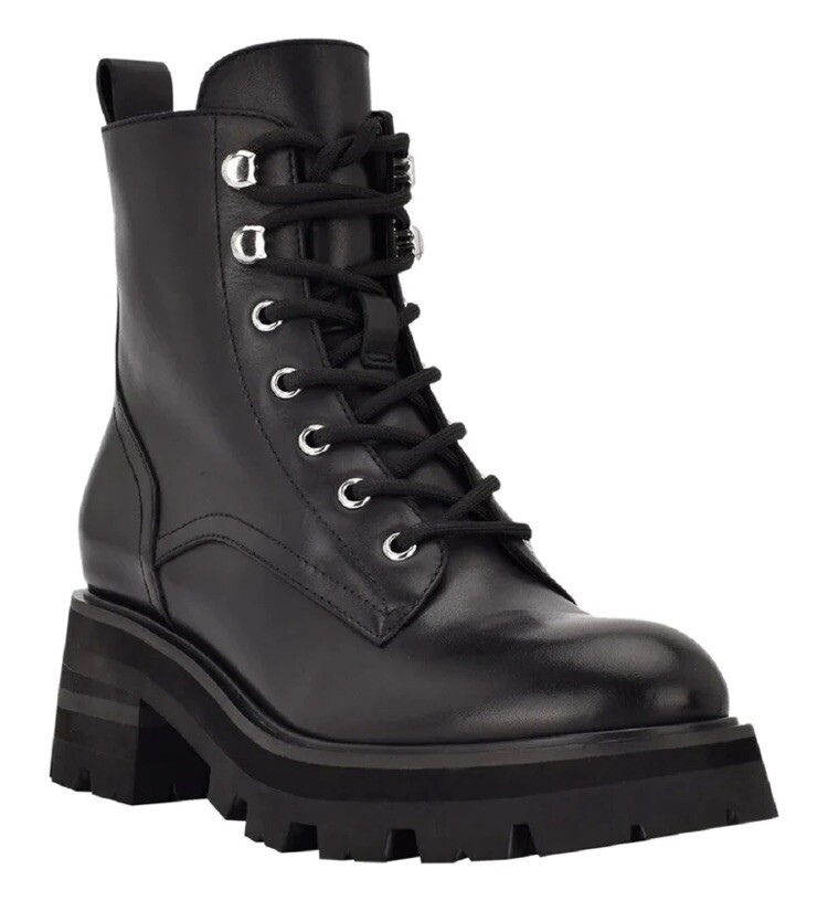 Marc Fisher Women's Lucien Combat Bootie Black LEATHER Lug Sole MSRP $249 NEW
