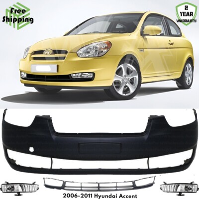 Front Bumper Cover Fascia & Fog Light Assembly Kit For 2006-2011 Hyundai Accent