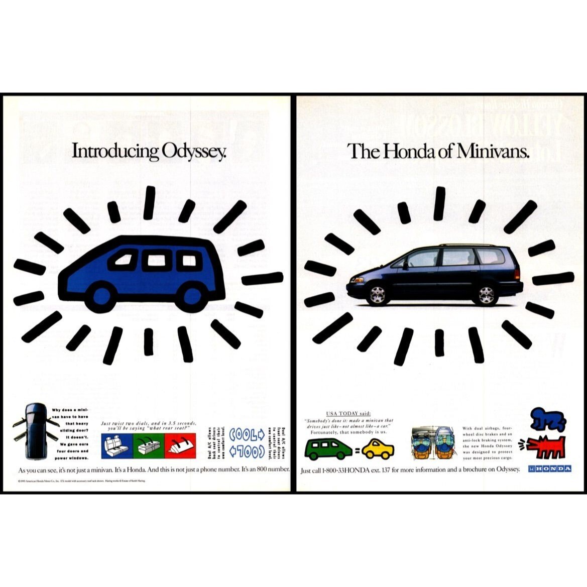 1995 Honda Odyssey Minivan 2 Page Vintage Print Ad Cartoon Wall
