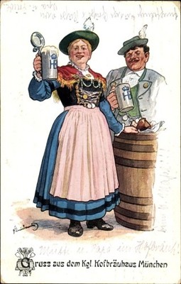 Artist Postcard Munich, Royal Hofbräuhaus, Bavarian costumes, beer - 3645669