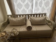 Handmade Moroccan Damask Beige Sofa 4-Seater Upholstered With Cushions & Tables