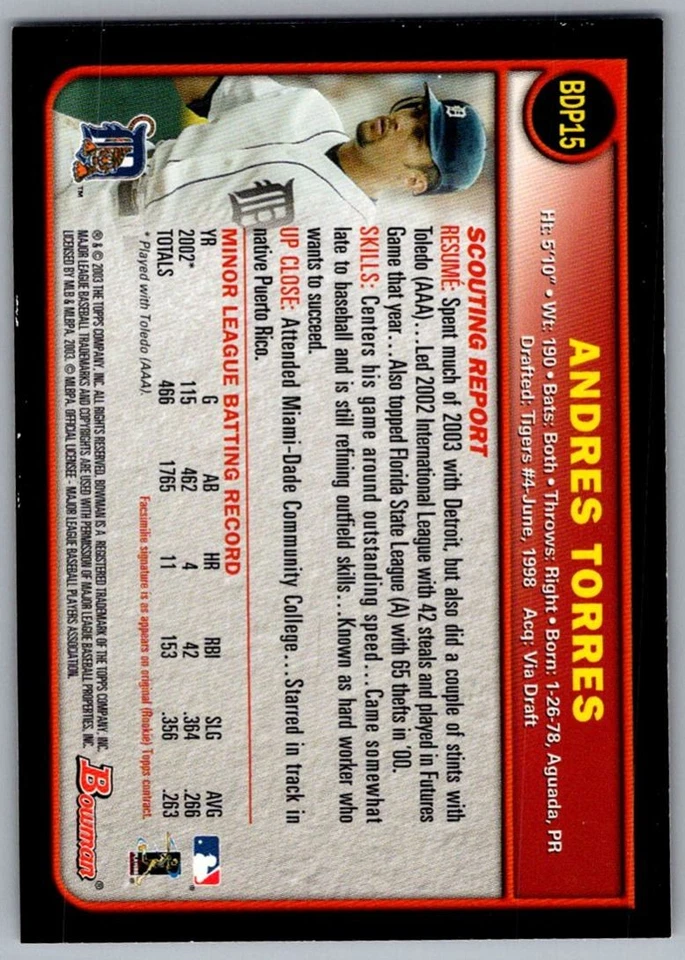 2003 Bowman Draft Picks & Prospects Andres Torres Detroit Tigers #BDP15 - Image 2 of 2