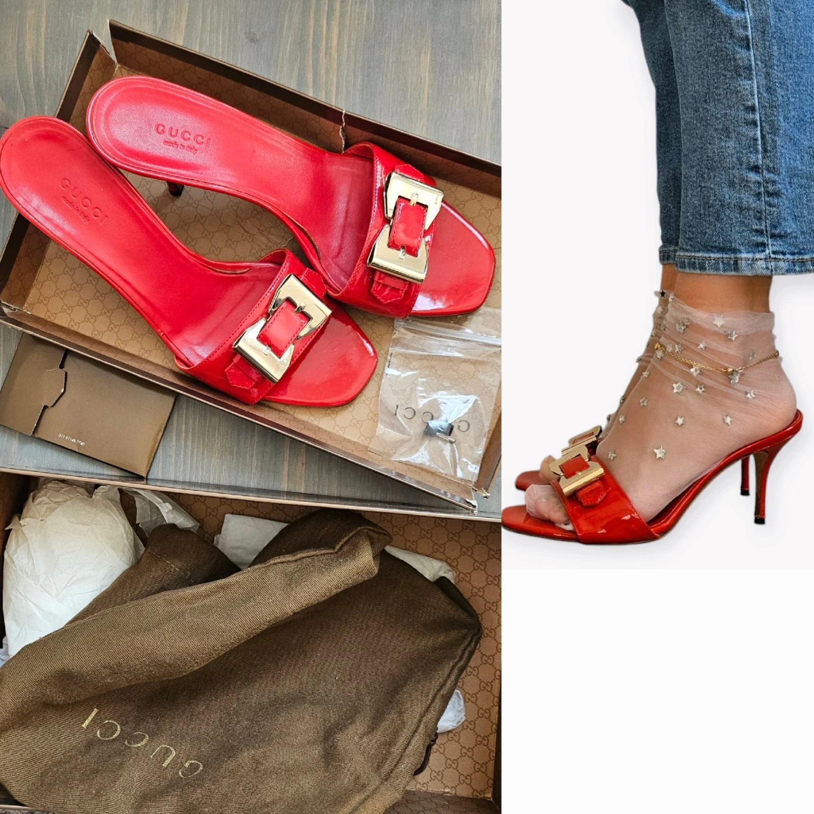 SANDALES GUCCI ROUGE CUIR VERNI MULES SLIDES TALONS À ENFILER BOUCLE ARGENTÉE ITALIE 8