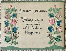 Unused Birthday Art Deco Tulips Pink Green Emboss Vtg Greeting Card 1920s 1930s