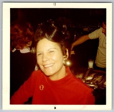 Vtg Color Snapshot Smiling Woman Red Turtleneck Big Earrings Updo Hair 1972