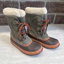 LL Bean Kids Winter Pac Snow Duck Lined Boots Gray/Orange Suede Rubber Sz 2
