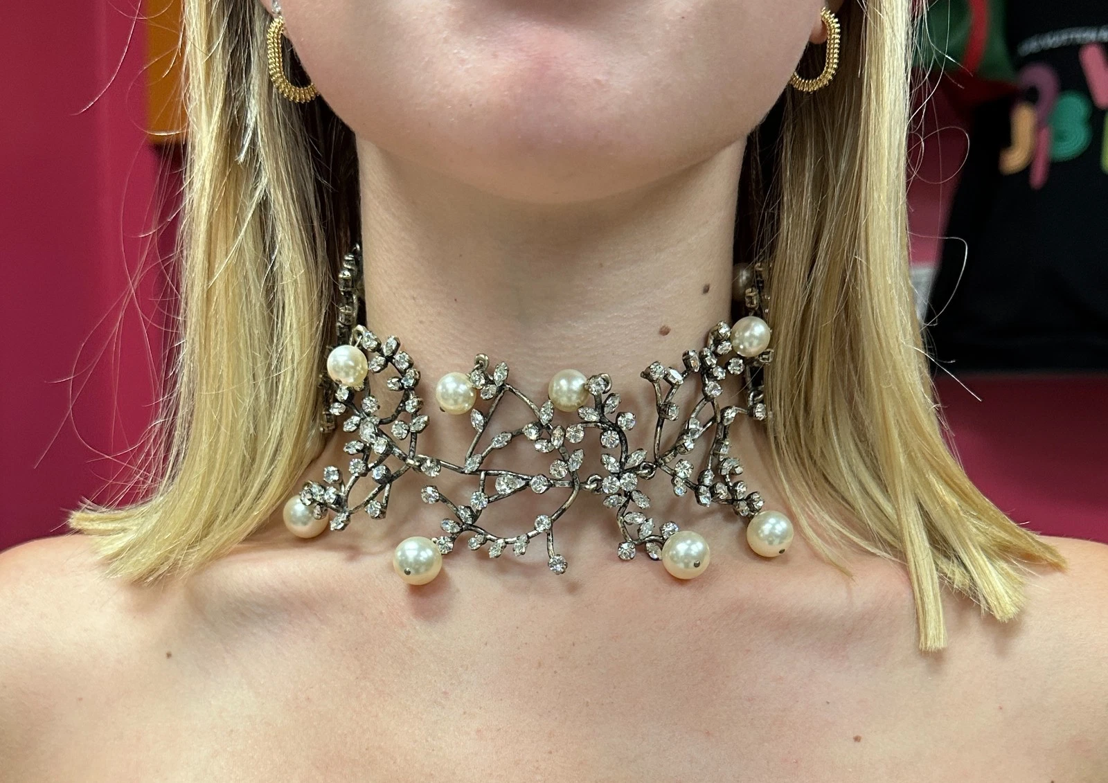 Collana Girocollo Vintage BALENCIAGA Cristallo Finta Perla Metallo Ramo Autunno 2008