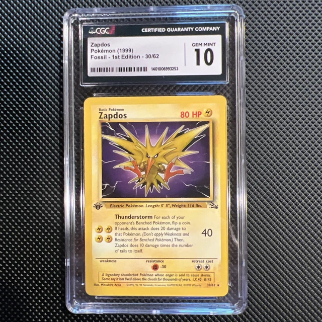 CGC 10 GEM MINT Zapdos 1999 Fossil 1st Edition Pokemon Card 30/62