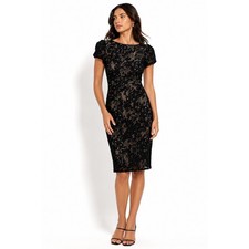 Mango MNG Suit Black Floral Lace Sheath Dress Nude Lining Cap Sleeve Small