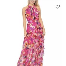 Betsy  Adam Floral Print Women's Pink Ruffled Halter Chiffon Gown Size 6 NWT