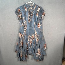 AllSaints Womens Size 6 Floral Blue Asymmetrical Dress Sheer Sleeveless
