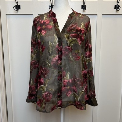 Kut from the Kloth Womens XS Petite Sheer Long Roll Tab Sleve Blouse Top Floral