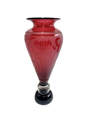 Steve Correia Glass Vase Limited Edition Ruby Red Iris Etched Cameo 14'' 
