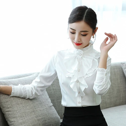 Camisa Blusa Top Oficina Dama Cuello Alto Volantes Manga Larga Calce Ajustado Formal - Imagen 3 de 23