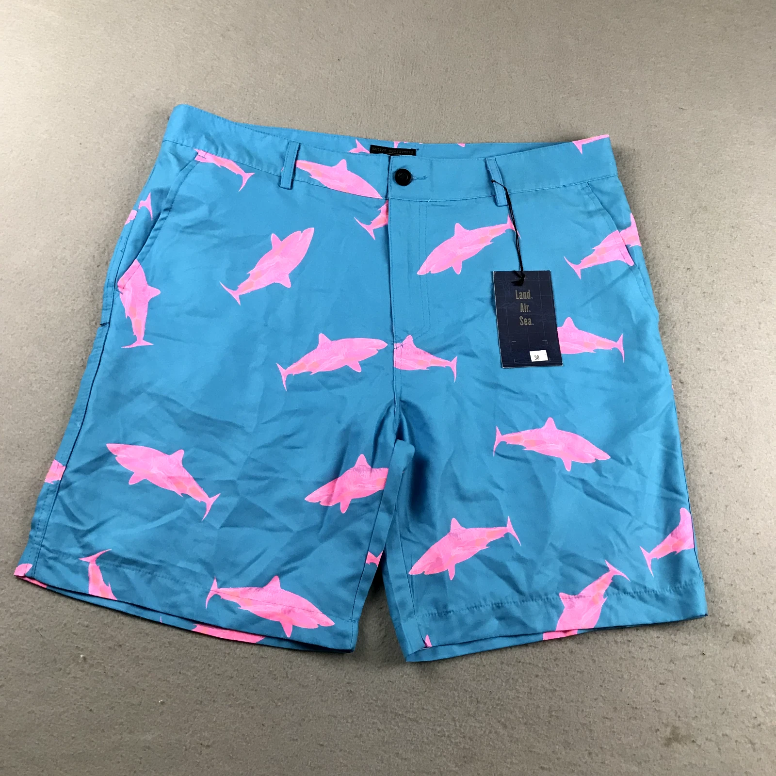 Native Passport Shorts Men 38 Blue Shark Fish AOP Flat Front Chino Short NWT