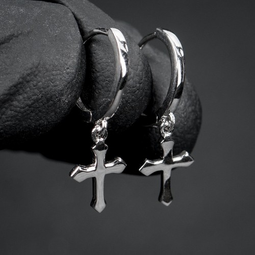 Mens Small Solid Sterling Silver Cross Dangle Drop Hanging Huggie Hoop Earrings
